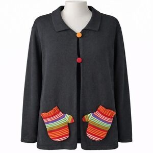 Vtg Hand Warmer Mitten Pocket Cardigan Black Colorful Knit Button Sweater L Y2K